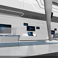 Modern Tech Interior With Central Metal Display Column LED Screens White Counters Blue Lighting Lines 3d model