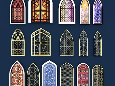 Stained Glass Windows With Various Intricate Patterns And Colorful Architectural Decorative Designs 3d model