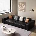 Black Leather Two-Seater Sofa With Brown Checkered White Pillows Abstract Painting And Window Blinds