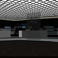 Modern Exhibition Hall Interior With Display Counters Multiple Screens And Brand Signage