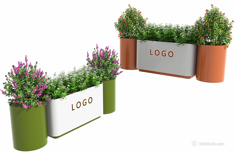 Bonsai Potted Plants In Green Brown White Planters With LOGO Purple Flowers And Green Leaves 3d model 