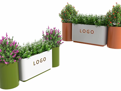 Bonsai Potted Plants In Green Brown White Planters With LOGO Purple Flowers And Green Leaves 3d model