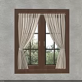 Double Wooden Window With Beige Tied Curtains And Greenery Outside View