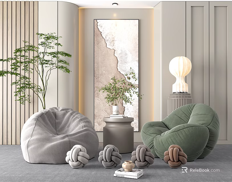 Gray Green Plush Bean Bag Chairs in Modern Living Room with Potted Plants and Decor 3d model 