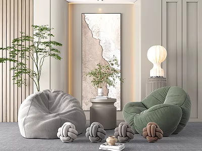 Gray Green Plush Bean Bag Chairs in Modern Living Room with Potted Plants and Decor 3d model