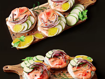 Fresh Salmon Fillets Topped With Lemon Slices Cucumber Onion And Parsley On Wooden Cutting Boards 3d model