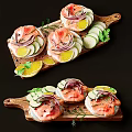 Fresh Salmon Fillets Topped With Lemon Slices Cucumber Onion And Parsley On Wooden Cutting Boards
