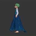 Animated Game Character With Green Hair Blue Long Dress White Sleeves And Decorative Patterns