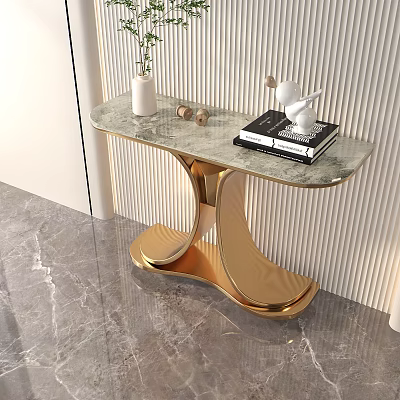 Modern Elegant Entryway Console Table with Marble Top Gold Metal Frame and Decorative Items 3d model