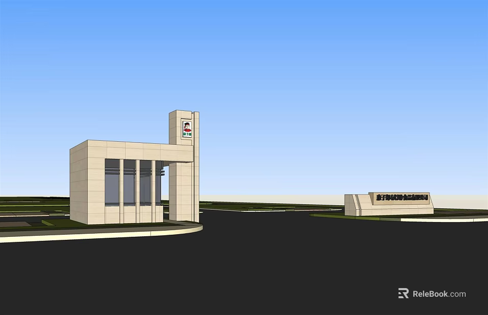 Modern Stone Entrance Gate Design With Glass Windows And Signage Under Blue Sky 3d model 