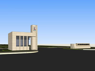 Modern Stone Entrance Gate Design With Glass Windows And Signage Under Blue Sky 3d model
