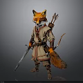 Fox Warrior Character In Detailed Traditional Costume With Bow Arrow And Sword