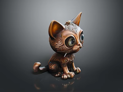 Bronze Cat Figurine With Intricate Patterns Large Eyes And Decorative Design 3d model