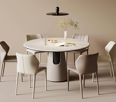 Modern Round Marble Dining Table Set With Six Chairs Greenery Centerpiece And Black Pendant Light 3d model