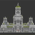 Cartoon Scene Featuring Classical Building with Green Domes White Structure Red Doors and Multiple Towers