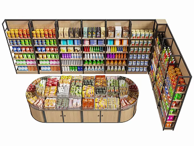 Retail Display Shelves With Multilayer Racks And Assorted Packaged Snacks Arranged Neatly 3d model