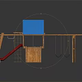Children's Wooden Playground Equipment With Blue Roof Red Slide Swing And Climbing Net