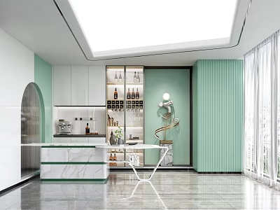 Modern Bar Area Interior Design With Marble Countertop Wine Cabinet And Decorative Lighting Elements 3d model