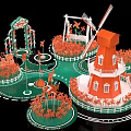 Window Display Decoration Featuring Red and White Windmill Green Ground and Orange Plants