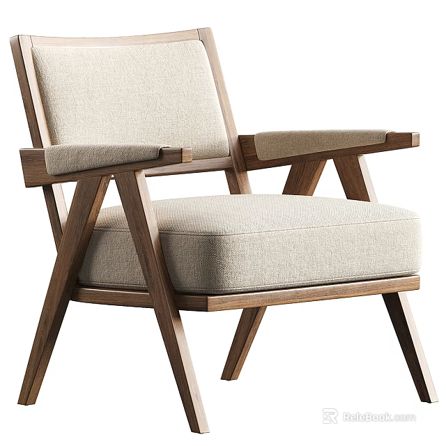 Beige Fabric Upholstered Accent Chair with Wooden Frame Modern Minimalist Design and Comfortable Armrests 3d model 