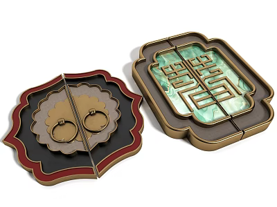 Traditional Chinese Decorative Door Handles With Gold Accents Red Trim And Green Jade Inlay 3d model