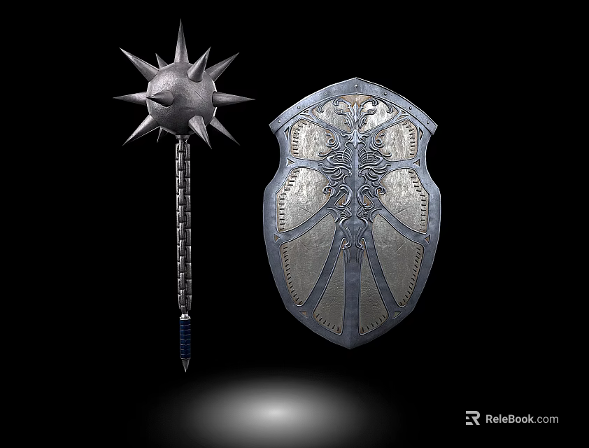 Medieval Spiked Mace and Ornate Shield with Intricate Carvings as Battle Weapons 3d model 
