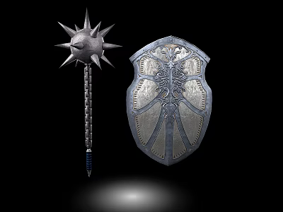 Medieval Spiked Mace and Ornate Shield with Intricate Carvings as Battle Weapons 3d model