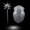 Medieval Spiked Mace and Ornate Shield with Intricate Carvings as Battle Weapons