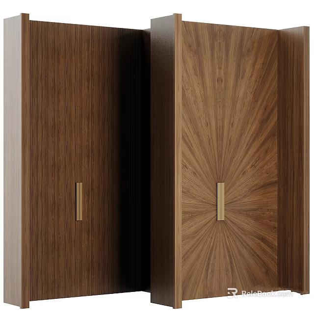 Wooden Cabinet Doors With Straight And Radial Grain Patterns Featuring Long Golden Handles Design 3d model 