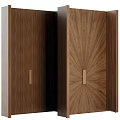 Wooden Cabinet Doors With Straight And Radial Grain Patterns Featuring Long Golden Handles Design