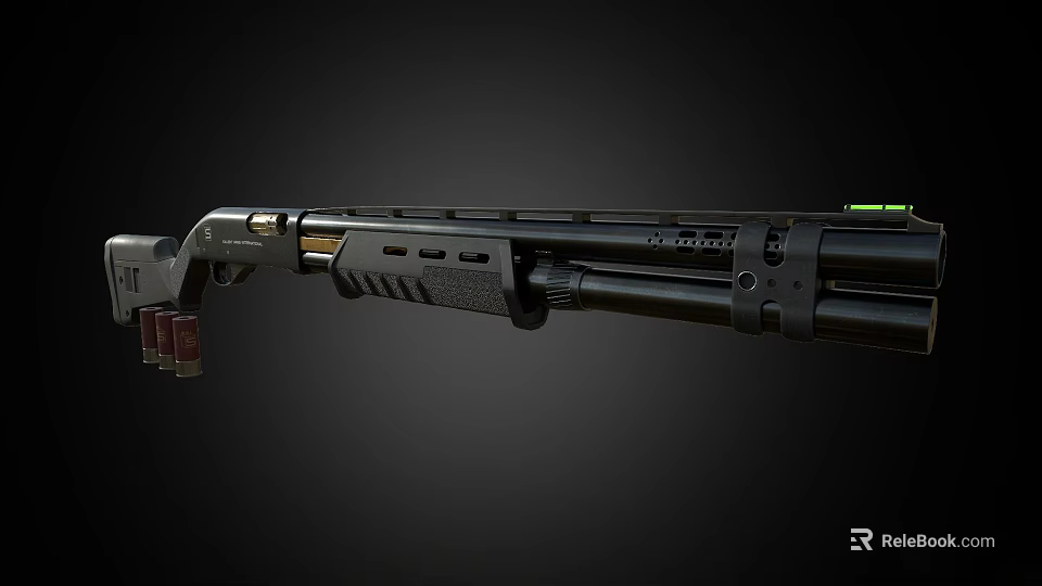 Black Tactical Shotgun With Metal Parts Green Sight And Ergonomic Design 3d model 