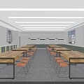 School Classroom Featuring Wooden Tables Orange Chairs Windows Storage Cabinets And Ceiling Lights