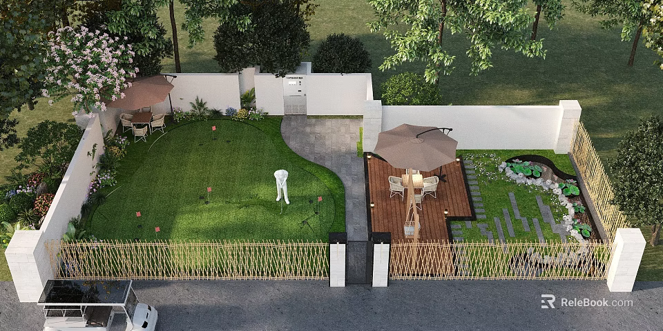 Landscape Garden Design With Lush Lawn Outdoor Dining Set Umbrella Stone Path And Bamboo Fence 3d model 