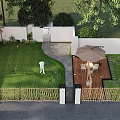 Landscape Garden Design With Lush Lawn Outdoor Dining Set Umbrella Stone Path And Bamboo Fence