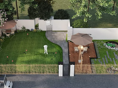 Landscape Garden Design With Lush Lawn Outdoor Dining Set Umbrella Stone Path And Bamboo Fence 3d model