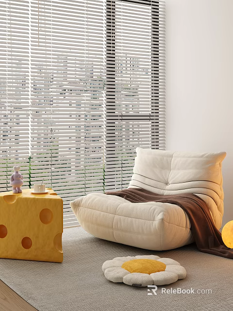 White Lazy Sofa With Striped Design Brown Blanket And Yellow Side Table By Window 3d model 