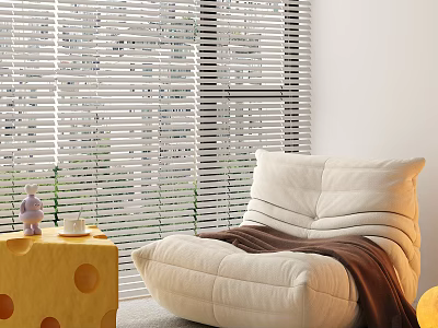 White Lazy Sofa With Striped Design Brown Blanket And Yellow Side Table By Window 3d model