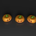 Three Carved Pumpkins With Smiling Faces And Green Stems On Dark Background