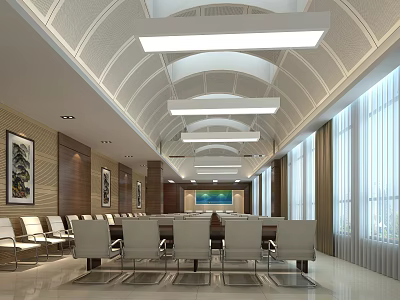Spacious Modern Conference Room Interior With Long Table Chairs Ceiling Lights And Windows With Blinds 3d model