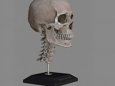 Human Skull Anatomical Model With Cervical Spine On Black Base 3d model
