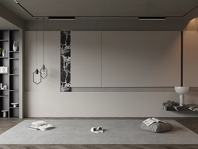 Gray Modern Interior Background Wall With Decorative Artwork Bookshelf And Rug 3d model