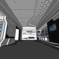 Modern Exhibition Hall Interior Design With Hexagonal Ceiling Lighting And Display Screens 3d model