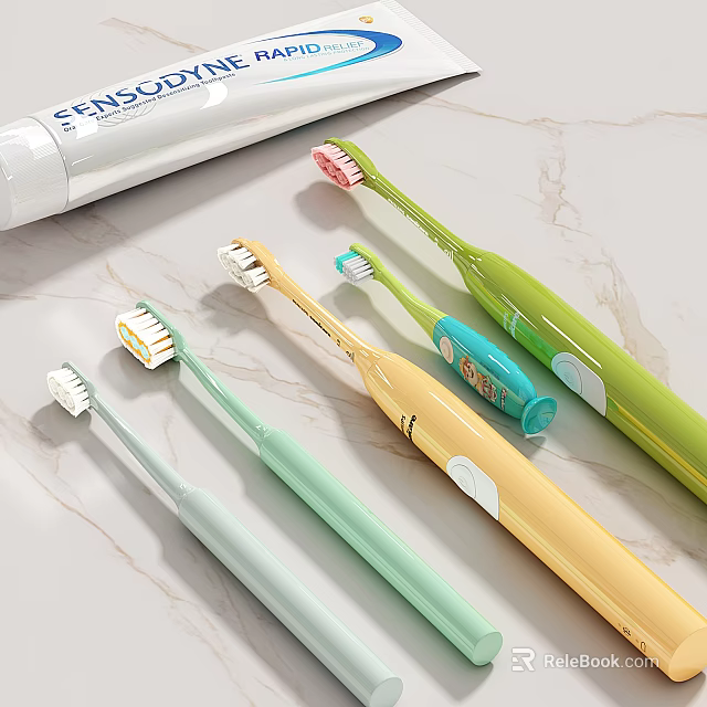 Colorful Bathroom Accessories with Multiple Toothbrushes and Toothpaste in Bright Colors 3d model