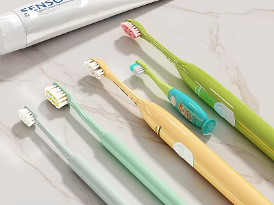Colorful Bathroom Accessories with Multiple Toothbrushes and Toothpaste in Bright Colors 3d model
