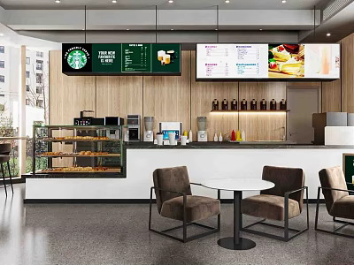 Modern Starbucks Coffee Shop Interior With Digital Menu Display Baked Goods And Seating Area 3d model