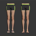 Casual Black Green Sports Shorts With Yellow Trim And Blue Slippers