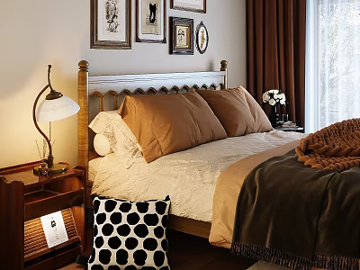 Cozy Double Bed With Framed Pictures Bedside Lamp Brown Pillows White Bedding And Brown Curtains 3d model