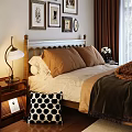 Cozy Double Bed With Framed Pictures Bedside Lamp Brown Pillows White Bedding And Brown Curtains
