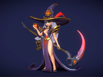 Magical Game Movie Character Witch With Purple Robe Large Hat Scythe Red Accents And Pumpkin 3d model