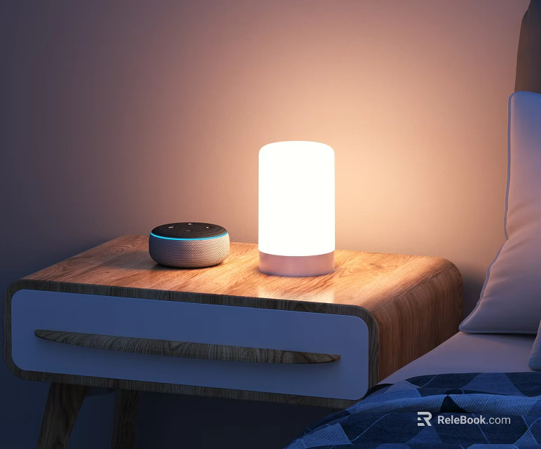 Headphone Speaker on Wooden Nightstand with Cylindrical Table Lamp in Bedroom with Bed and Pillows 3d model 